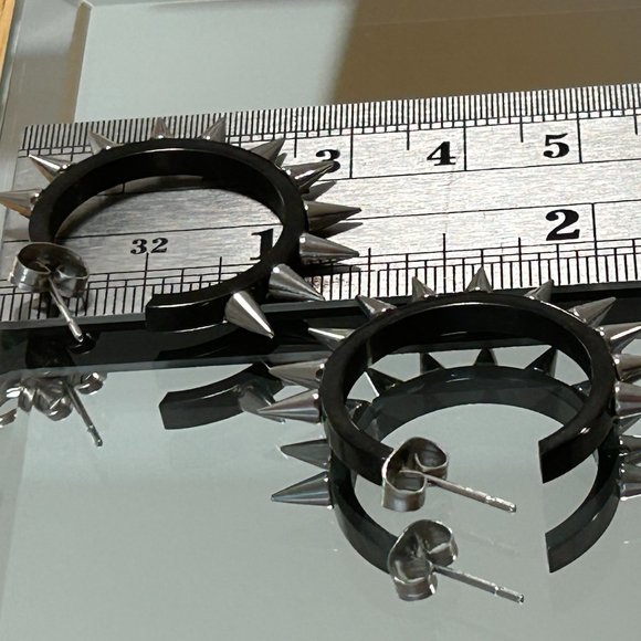 Jewelry - Punk Rock Star Black Silver Spike Stainless Steel Pierced Hoop Earrings